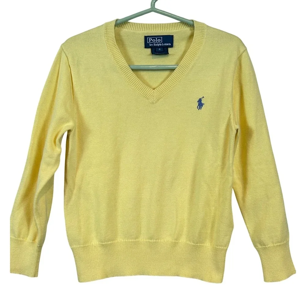 Polo Ralph Lauren Kids Yellow V-Neck Cotton Knit Sweater‎ Size 4 Blue Pony Logo